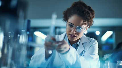 Wall Mural - Young african american woman scientist holding pills at laboratory