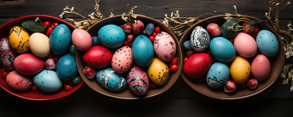 Wall Mural - Decorative Egg Display with Colorful Eggs in Two Bowls