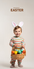 Sticker - Easter basket with a happy child, Fictional Character Created By Generated AI.