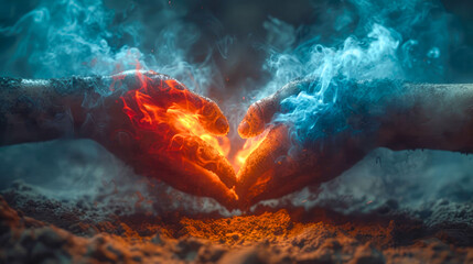 Two energy fire hands forming a heart shape on dark background. Love and romance concept