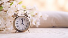 Cute Small Retro Alarm Clock With Bells Decorated With White Natural Flowers In A Circle, Top View. Spring Season Time Minimal Concept.