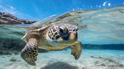 Wall Mural - Endangered Hawaiian Green Sea Turtle Cruising in the warm waters of the Pacific Ocean in Hawaii