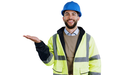 Poster - Man, portrait and architect with advertising palm or marketing as contractor or isolated transparent png background. Male person, hand out and gesture or build recommendation, service or construction