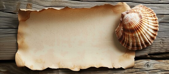 Poster - Beautiful seashell resting on rustic wooden background in a peaceful coastal setting