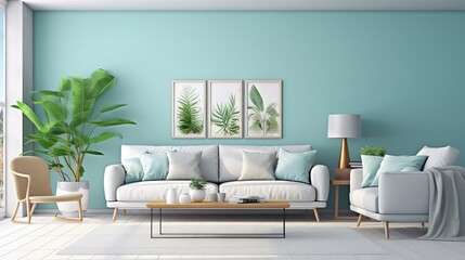 Wall Mural - Living room interior with white furniture and green plants and pictures on blue wall background