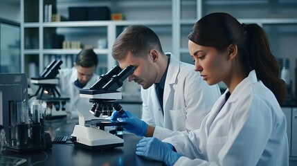 Wall Mural - Modern Medical Research Laboratory: Two Scientists Wearing Face Masks use Microscope, Analyse Sample in Petri Dish, Discuss Innovative Technology. Advanced Scientific Lab for Medicine, Biotechnology