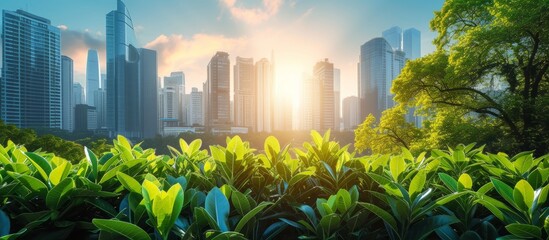 Poster - Beautiful urban city skyline with tall modern skyscrapers and lush green trees on a sunny day