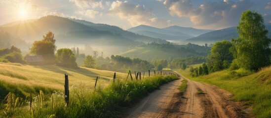 Poster - Scenic Dirt Road Through Grassy Field Leading to Majestic Mountain Landscape