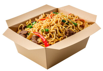 Wall Mural - Paper box with noodles with beef isolated on transparent background