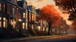 A row of townhouses in the city, their windows illuminated by the soft light of sunset, creating a cozy and inviting atmosphere as evening approaches.
