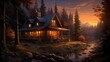 A rustic cabin nestled in the woods, its windows illuminated by the warm light of sunset, contrasting beautifully with the darkening forest around it.