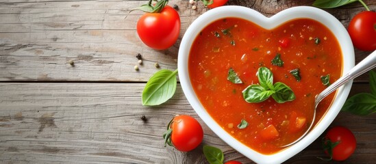 Canvas Print - Delicious homemade tomato soup in a ceramic bowl with ripe red tomatoes and a silver spoon