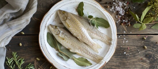 Wall Mural - Delicious plate of oven-baked fish fillet with aromatic herbs and flavorful spices on a rustic wooden table