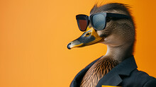 Animal Duck Portraits Cool Business Animal In Sunglass, Copy Space, Generative Ai