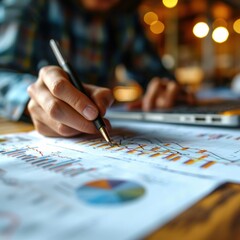 Poster - business professionals in office for a strategic financial meeting, analyzing graphs and charts documented in a comprehensive report to refine marketing and financial strategies