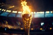 Burning fire on a metal stand on a black background. Close-up.Olympic flame, Ai generated
