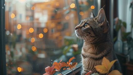 Cat sitting looking out of window in modern house, waiting for owner to come home