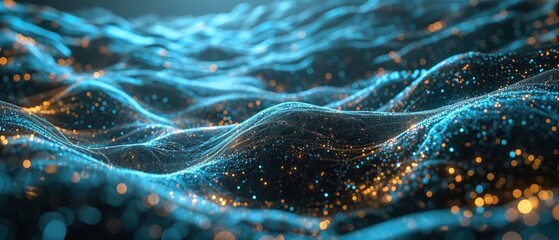 Poster - abstract wallpaper featuring a futuristic wave of dots and geometric patterns, illustrating the interconnectedness of science and future network technologies