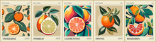 Set Of Abstract Fruit Market Retro Posters. Trendy Kitchen Gallery Wall Art With Citrus Fruits - Orange, Pomelo, Mandarin, Tangerine, Clementine. Modern Groovy Interior Paintings. Vector Illustration.