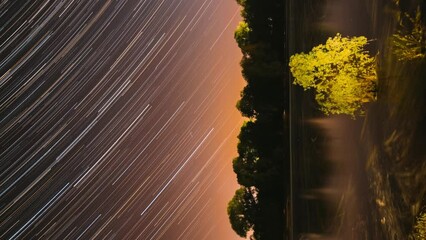 Wall Mural - Timelapse Night Sky Above River. Star Trails On Night Sky Background. Star Lines Move In Sky. Night Sky Turns Into Morning. Amazing Starry Effects. From Dusk To Dawn. Dawn Is Coming. Time Lapse Time