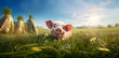 petit cochon heureux tout rose, de face qui sourit, dans le style dessin animé cartoon, dans une prairie avec des mottes de foin et un paysage ensoleillé.