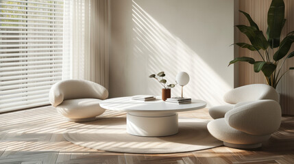 Aufkleber - A contemporary living room featuring a white round table with books, surrounded by three curved armchairs, with a potted plant adding a touch of greenery