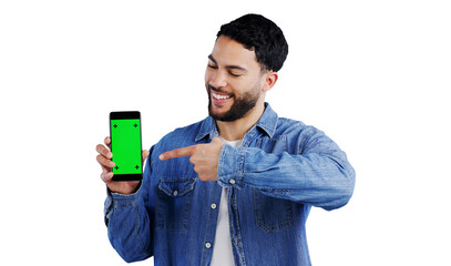 Poster - Happy, man or pointing to phone with green screen for advertising presentation, mockup space and coming soon. Smile, indian influencer or show with hand gesture isolated on png transparent background