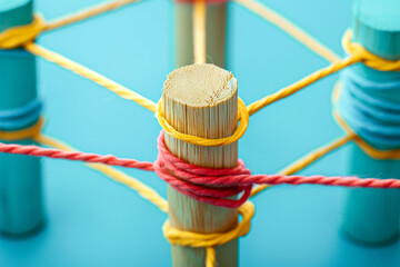 Poster - A wooden peg connected with string. Communication, technology, network concept
