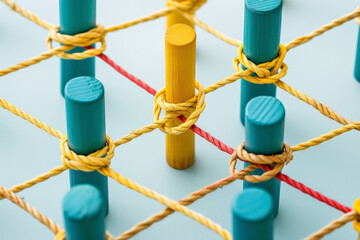 Poster - A wooden peg connected with string. Communication, technology, network concept