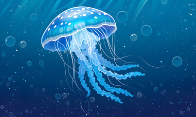 A jellyfish floating in the water with a blue background, Generative AI