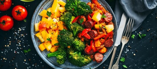 Canvas Print - A dish of food featuring broccoli, potatoes, and sausage beautifully presented on a table. The ingredients are cooked to perfection, showcasing a delicious and hearty meal.