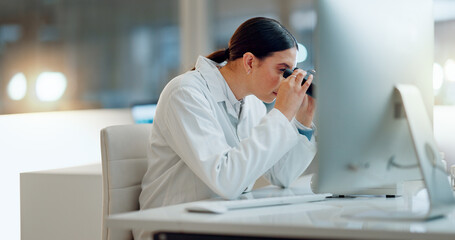 Poster - Science, research and woman with microscope, computer and typing data report in laboratory. Medical innovation, scientist or lab technician in study for healthcare, medicine and vaccine test feedback