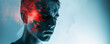 A man with pain in his temple on blue background. Human face with a red spot. Banner