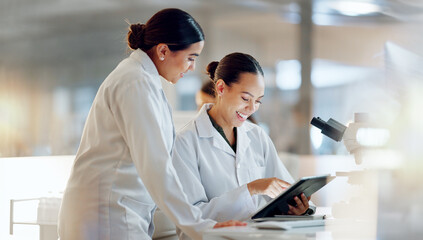Poster - Scientist, women and teamwork on tablet and computer for laboratory advice, medical research and night planning. Students, science people or mentor on digital technology of test results or comparison