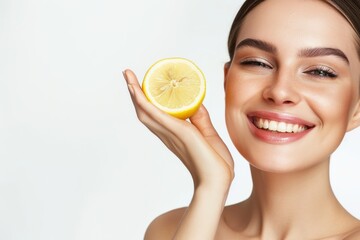 Cosmetology, skin care, face treatment, spa and natural beauty concept. Woman with facial mask holds lemon, over white background with copy space.