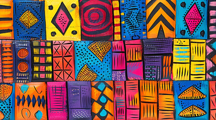 Wall Mural - colorful wood carved background, African folklore pattern, hand painted. Generative Ai.