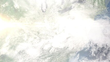 Earth zoom in from space and focus on Winchester, Kentucky, USA. 3D Animation. Satellite view. Background for travel intro. Images from NASA.