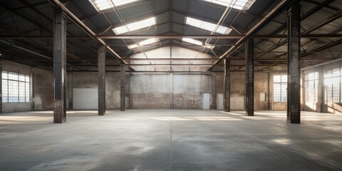 Poster - An empty warehouse with large windows and a large open space. Generative AI.