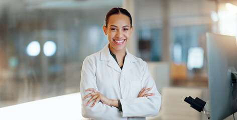 Poster - Lab woman, arms crossed and scientist smile for job experience, medical research or pharma investigation. Portrait, laboratory study or professional person working on healthcare science development