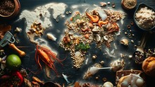World Map Made Of Seafood. All Continents Of The Food World