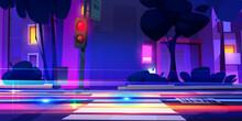 City Night Landscape With Neon Glowing Speed Car Motion Lights, Sidewalk, Cross Zebra On Road And Traffic Light. Cartoon Dark Purple Cityscape With Pedestrian, Highway With Vehicle Fast Movement Trail