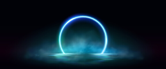 Wall Mural - Neon circular arch frame with smoke over water surface with reflections. Realistic vector illustration of bright ring border with fog. Glowing round magic portal or product presentation template.