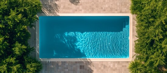 Poster - A rectangular swimming pool surrounded by green trees, aqua blue water, wooden deck, plant-filled landscape, and lush green grass, creating a serene urban design for leisure.