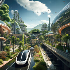 Eco-friendly future: Illustrating electric or hybrid vehicles in futuristic cityscapes, symbolizing forward-thinking urban mobility