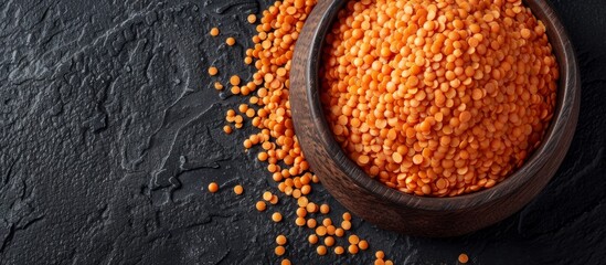 A wooden bowl filled with red lentils sits on a sleek black surface, resembling a unique fashion accessory crafted with a circular pattern. 