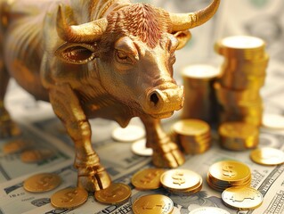 Wall Mural - A Golden Bull symbolizing prosperity and strength dynamically encircles a stack of golden coins, representing financial market success