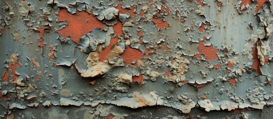 Poster - A detailed shot of a weathered metal surface featuring peeling paint, showcasing the beautiful texture and decay.