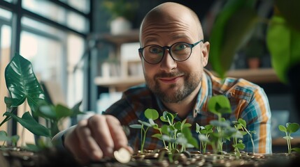 Canvas Print - Smiling man caring for seedlings in a warm indoor setting. urban gardening concept illustration. sustainable lifestyle choices. AI