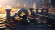 A micro-tiny clay pot full of dirt with a beautiful daisie planted in it, shining in the autumn sun on a road in an abandoned city, fiction, wallpaper, character, cg artwork, art, flash photography