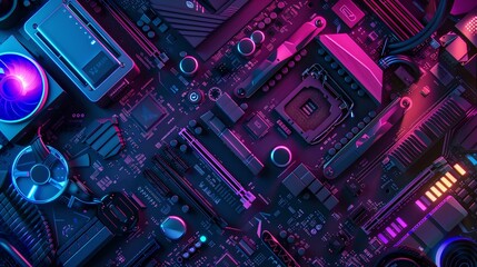 Aufkleber - Vibrant tech hardware in neon tones, showcasing a modern computer motherboard. ideal for technology themes. AI